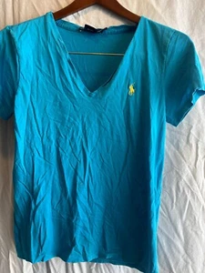 Ralph Lauren Sport Medium Blue Damen T-Shirt V-Neck Cotton Yellow Horse Logo - Bild 1 von 5