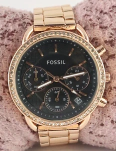 Luxury Fossil Chronograph Black Dial 'Date' Quartz Women Wristwatch Steel Band - Picture 1 of 8