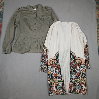 Lote de 2 CHICO'S Talla 0 Cárdigan Flyaway Patrón Talla 2 Chaqueta Militar Verde Foto 1 de 4