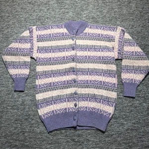 Vintage Shetland Wool Jumper Womens Size Medium Purple Fair Isle Button Sweater - Picture 1 of 11