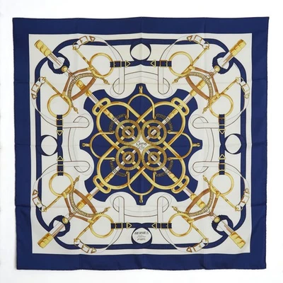 Hermès 1974 Bufanda Cuadrada 90 Esperón d Oro Azul Marino Seda Sarga... - Imagen 1 de 3