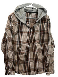 Hooded Plaid Long Sleeve Shirt Mens Medium Tan Gray Trendy Stylish - Picture 1 of 11