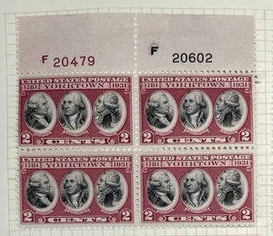 Scott #703, 2c Yorktown, Plate block/4, Top position, #s20602(B)/20479(R), HR - Picture 1 of 1