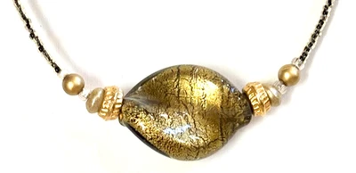 Vintage Murano Italy Necklace Earrings Set Glass Choker Gold w Black Handcrafted - Image 1 of 4