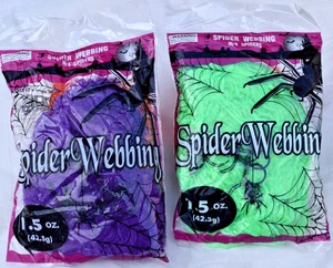 Lot 2 Spider Webbing Web Stretch Cobweb + 4 Spiders Halloween Decor Purple Grn - Picture 1 of 4