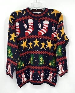 Vintage 90er UGLY CHRISTMAS SWEATER Strümpfe Schneemänner Sterne Glocken widerlich S - Bild 1 von 7