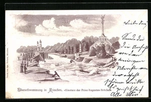 Künstler-AK München, Überschwemmung, Einsturz der Prinzregenten-Brücke - Picture 1 of 2