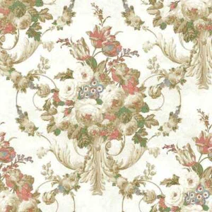 Wallpaper Coral Tan Blue Green Floral Acanthus Scroll on Cream, 60 sq ft bolt - Picture 1 of 1