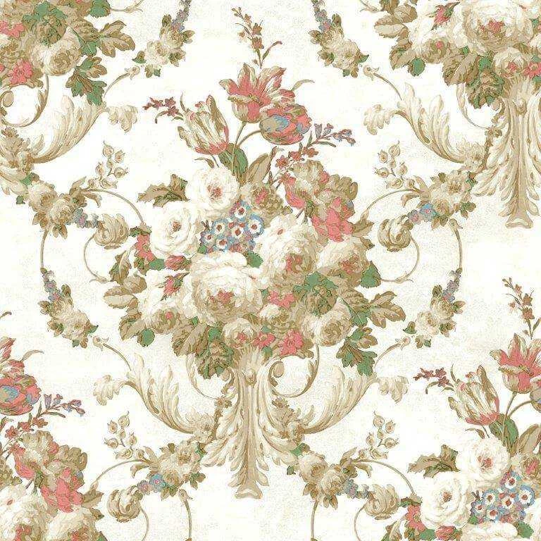 Wallpaper Coral Tan Blue Green Floral Acanthus Scroll on Cream, 60 sq ft bolt - Image 1 of 1