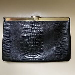 Vintage Etra Black Leather Purse Evening Clutch Textured Center Hinge Handbag