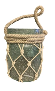 Ocean Blue Frosted Glass Vase with Fisherman Rope Net & Mini Ocean Rocks 7in H - Picture 1 of 4
