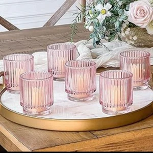 Blush Pink Vintage Ribbed Glass Tealight Votive Candle Holders by Kate Aspen (Se - Picture 1 of 9
