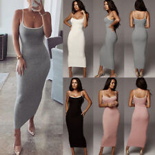 Ladies Ribbed Strappy Summer Long Dress Stretchy Sleeveless Bodycon Dresses Size