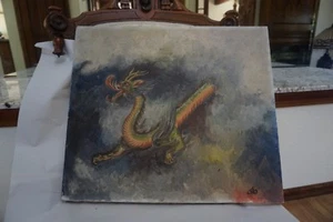 Antico cinese giapponese? China Oil on Tela Drago Firmato COZ Vecchio - Foto 1 di 11
