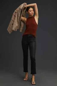 NWT Paige Anthropologie 30 Cindy Mid-Rise Coated Straight Jeans Transcend Black - Picture 1 of 6