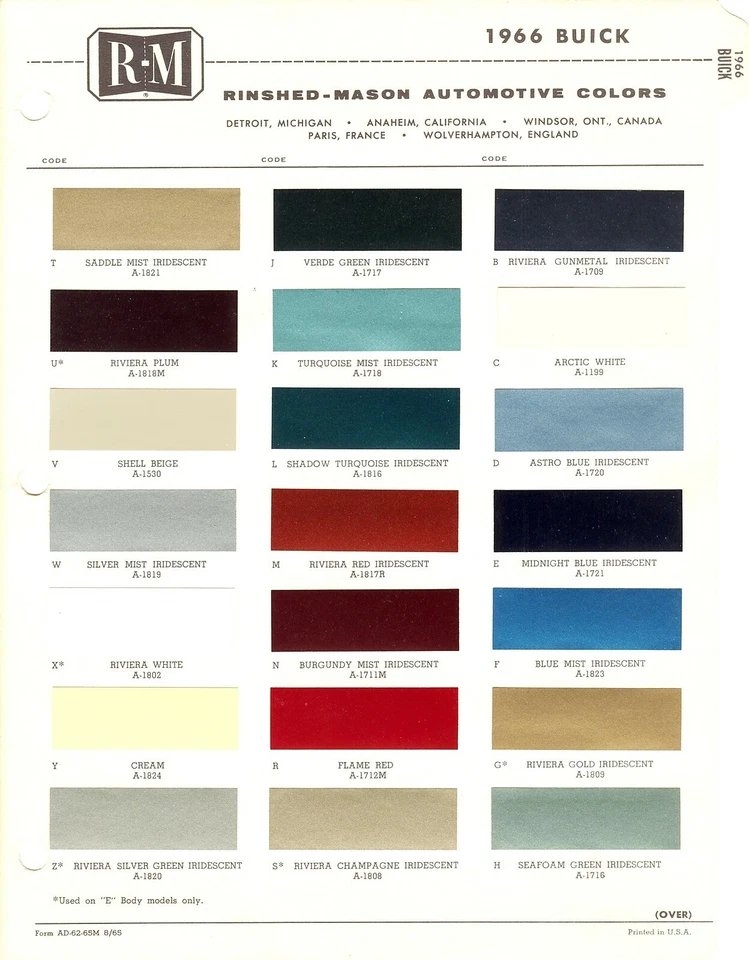 1966 BUICK RIVIERA ELECTRA 225 WILDCAT LESABRE SPECIAL SKYLARK PAINT CHIPS (R-M) - Image 1 of 1