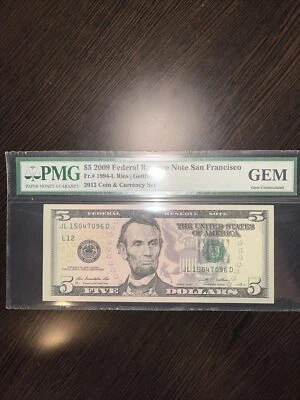 2009 $5 Federal Reserve Note San Francisco Gem Uncirculated Fr.1994-L - Image 1 of 2