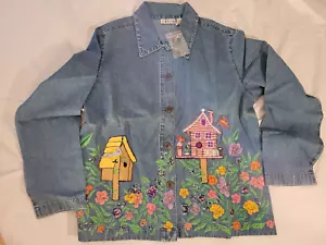 Camisa para mujer mediana Tog Shop manga larga bordada con botones pájaros flores - Imagen 1 de 5