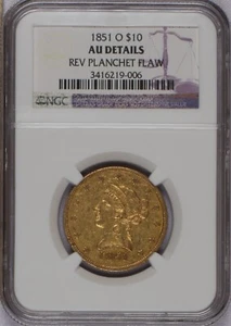 1851-O Gold Liberty Head $10 Reverse Planchet Flaw NGC AU Details - Picture 1 of 2