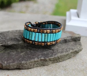 Turquoise Cuff Style beaded Black Leather Bracelet Men's unisex Bracelet 1" wide - Picture 1 of 4