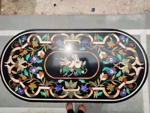 36x24 Oval Black Marble Dining Table Semi Precious Inlay Stone Pietradura - Picture 1 of 9