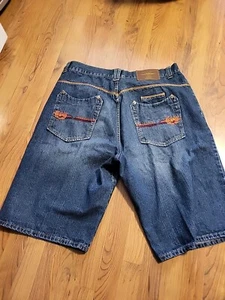 Pantaloncini vintage Phat Farm Baggy Denim 42" X 15,5" blu tasche ricamate - Foto 1 di 11