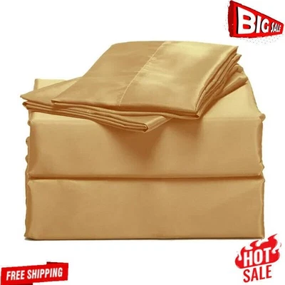 4 Pc Bed Sheet Set Pillow Cases Flat Sheet Hypoallergenic Machine Wash King Gold - Image 1 of 4