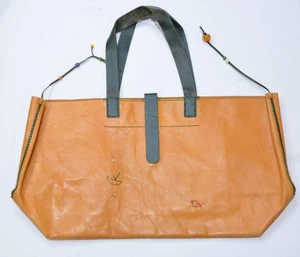 Used Henry Cuir Canoe Fishing Embroidered Leather Tote Bag Camel - Picture 1 of 4