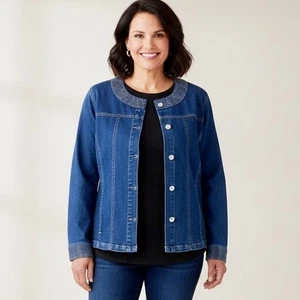 Quacker Factory Sequin Denim Jean Jacket Women Large Blue Studded Rhinestone - Picture 1 of 8