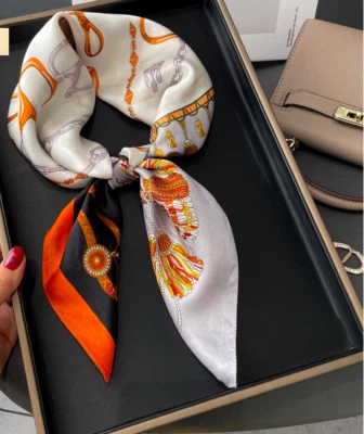 100% Mulberry Silk Bandanna Shawl Square orange chain Print Wrap Scarf 27’’ new - Image 1 of 4