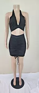 Black 2 Piece Halter Top Mini Skirt Set - Picture 1 of 5