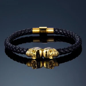 Mens Leather Twin Skull Bracelet Wristband Punk Goth Gift Bracelets Gold Black - Picture 1 of 10