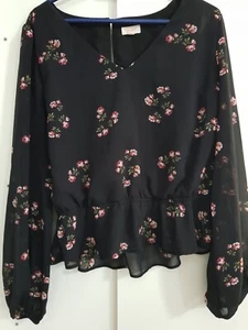 Lily LOVES blouse top, Black Smocked Floral, Long Sheer Bishop Sleeve Size 12 - Picture 1 of 10