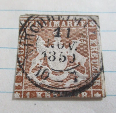 1857 Sello Antiguo, Wurtemberg, Estados Alemanes. SC#7, 1 Kreuzer - Imagen 1 de 2