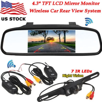 Wireless Car Rear View Backup Camera 7LEDs Night Vision +4.3" LCD Mirror Monitor - Image 1 of 4