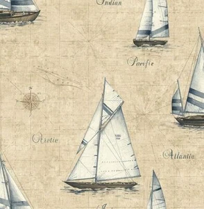 Wallpaper Nautical Off White Blue Sailing Ships on Cream Map , 56 Sq Ft Bolt - Picture 1 of 1