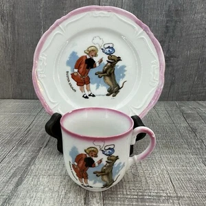 Antique 1930's Buster Brown Child Porcelain Matching Cup and 6" Plate Pink Rim - Picture 1 of 11