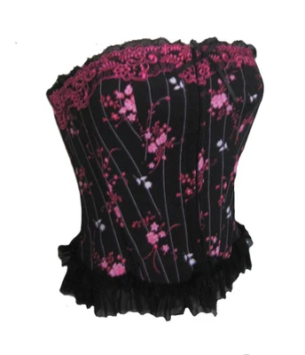 Pink And Black Boned Corset Basque Top Lined  Floral Matching Thong  10 & 12/14 - Image 1 of 4