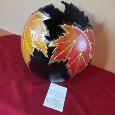 Gourd Art Hand Painted Maple Leaves Bowl Autumn Artistry 2005 Betsy Vintage  Foto 1 de 4