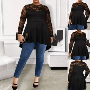 Plus Size Women's Floral Lace Top, High-Low Sexy Casual Shirt Elegant Blouse - Picture 1 of 10
