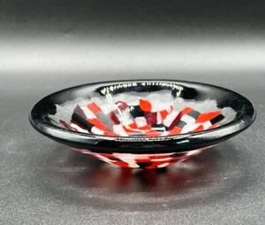 Fused Art Glass Round Trinket Dish, Black, White, Red, Clear - Picture 1 of 7