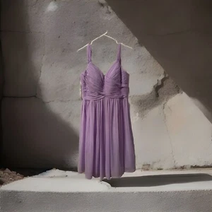 Azazie Lavender Chiffon Bridesmaid Dress Short Sleeve Knee Length Modest Sz C - Picture 1 of 8