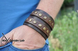 wide brown studded Leather cuff Bracelet Double strap wristband Extra class - Picture 1 of 7