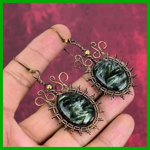 Copper Seraphinite Gemstone Handmade Dangle Drop Wire Wrapped Earrings Jewelry - Picture 1 of 6