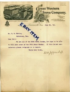 1905 letterhead GREAT WESTERN STOVE Leavenworth Kansas W A Jeffers WILLSON BURT - Imagen 1 de 1