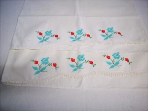 Vtg Pillowcases Hand Crocheted Embroidered Cross Stitch Standard 29x21" Grannys - Picture 1 of 10