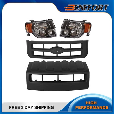 Front Grille & Lower Bumper Trim Molding & Headlights Fits 2008-2012 Ford Escape - Image 1 of 4