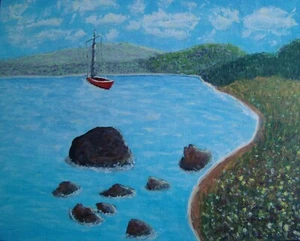 Painting Seascape Original Bob Ross Style Signed Art Sailboat Boat Ocean Bay - Picture 1 of 3