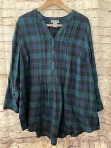 Catherine's Top Womens 1X Popover Green & Navy Plaid V Neck Button Front Plus - Picture 1 of 13