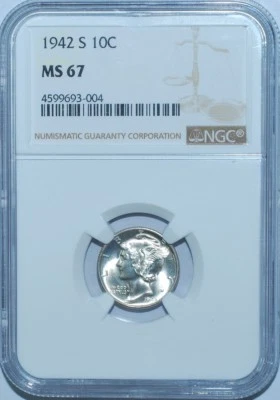 1942 S NGC MS67 Mercury Dime Very Close To FB - Image 1 of 4